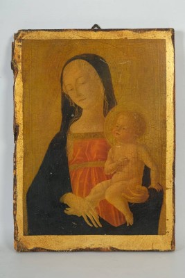 IKONE Madonna mit dem Kinde auf dem Arm, hingebungsvoller liebevoller Blick, Jesus mit Heiligenschein, im florentinischen Stil, 19. Jahrhundert, 29x40cm, auf Holz