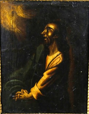 CHRISTUS mit goldenen Lichteffekten, mit schwebenden leuchtendem Kelch, Öl auf Holz gemalt, ca. 17. Jh., 23x18cm, R: 44x38,5cm