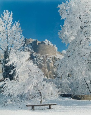 HOHENTWIEL verschneite Winterlandschaft, hochwertiger Farbabzug, stammt aus dem Singener Fotogeschäft Ott-Albrecht, links unten auf Glas betitelt und datiert 