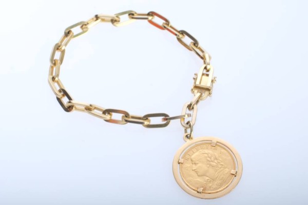 ARMBAND aus Kettengliedern, Gelbgold 333, Steckverschluss mit Sicherheitsachten, L20cm, Armband 15,0g; mit GOLDMÜNZ-ANHÄNGER 20 FR, 1935, 