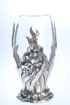 VASE mit Silbermontur, florales Design, Glas mundgeblasen, H 16cm, gepunzt Mond/Krone, 925 Silber, gesamt 17g