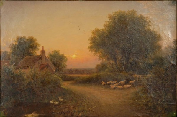 UNBEKANNT, Landschaftsbild mit Schafen und Sonnenuntergang, signiert unten links: vermutlich Johnson, 59x40cm, R: 83x62.5cm