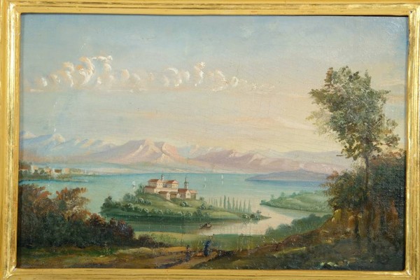 UNBEKANNT Insel mit Kirche und Pappel-Allee, von der Seeseite mit Ausblick auf die Berge, Ölgemälde auf Karton, 20,5x31cm, R: 25x35,5cm