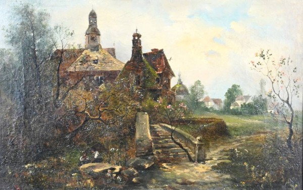 BARBARINI, Emil (1835 Wien - 1930 ebd.) Kirche in Landschaft, Ölgemälde auf Leinwand, links unten monogrammiert, 27x40cm, Goldrahmen