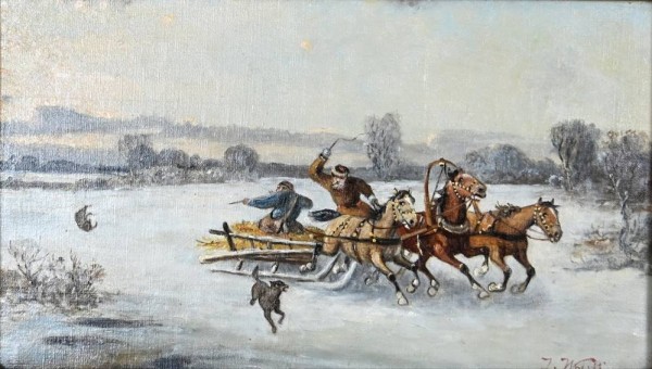 WOLSKI, Jan (1907-1990) Trojka, Pferdeschlitten mit drei Pferden und auf Wölfe schießenden Männern, in Winterlandschaft, Ölgemälde auf Leinwand, rechts unten signiert, 30x20cm, Goldrahmen