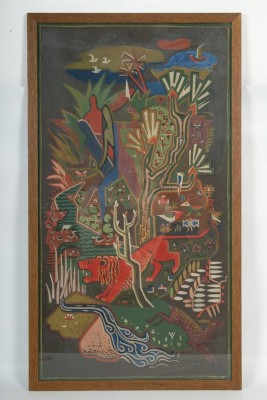 WANDTEPPICH, Entwurf eines Wandteppichs, buntes Landschaftsbild mit rotem Löwe, Vögeln und abstrakten Personen, einzelne Risse im Papier des Bildes, mit Rahmen aber intakt, 72,5x38,5cm, R:78x44cm