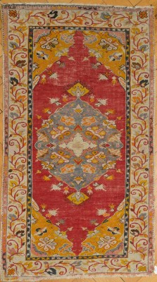 VINTAGE-ORIENTTEPPICH, Rot-gelb-weiß-blauer Teppich mit alters- und gebrauchsbedingten Spuren, 168x94cm