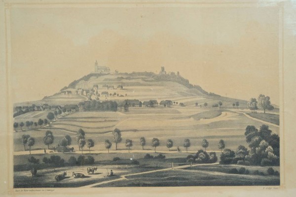 BUSSEN Berg in Oberschwaben, Lithografie. Künstlerentwurf von C. Emminger, Lithografie von F. Gilly. Blatt gebräunt und stockfleckig. DP 21 x 31 cm, R 34 x 41,5 cm.