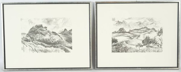 HEGAU, ZWEI HEGAUANSICHTEN, Lithographien. Darstellung von Landschaft und Hegau-Vulkanen. DP 18 x 26 cm. Glas, R1 34,5 x 42,5 cm und R2 35,5 x 45 cm.