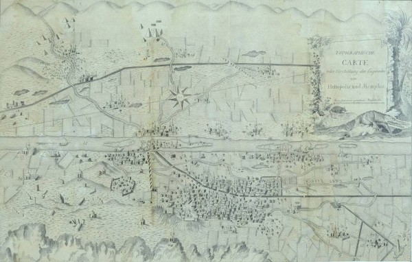 TOPOGRAPHISCHE KARTE VON HELIOPOLIS UND MEMPHIS, gestochene Faltkarte der Ebene mit den Gebäuden in Perspektive, Karte: 50x31.5cm, R: 60x50cm