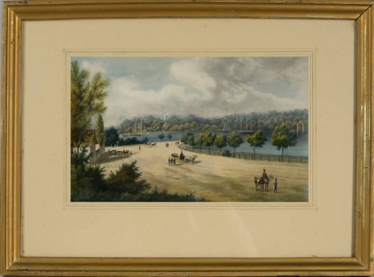 POTSDAM, Blick auf die Pfaueninsel, kolorierte Lithographie, um 1870. Unter dem Passepartout altes Etikett 