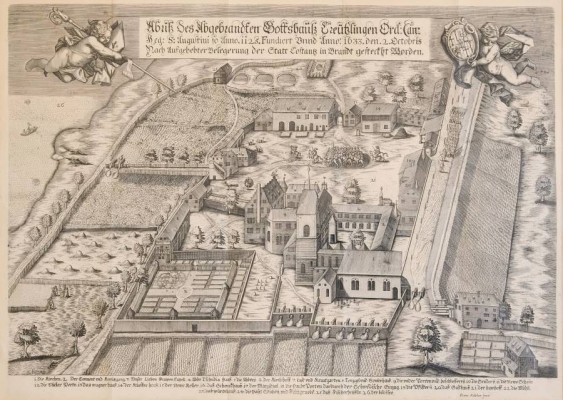 KLOSTER KREUZLINGEN, Klosterplan mit Beschreibung aller Gebäude, flankiert von zwei Engeln, Original Abzug von zeitgenössischer Kupferplatte (Museum Frauenfeld) von 1880, Ioann Sadeler fecit, Kupferstich, gefaltet, 37x50cm (Abb. in PP), 50x64cm (Rahmen).