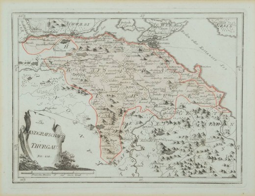 LANDKARTE Thurgau, 18. Jahrhundert,  Bildplatte 30x23 cm, PP 49x42 cm, R 51x45 cm,