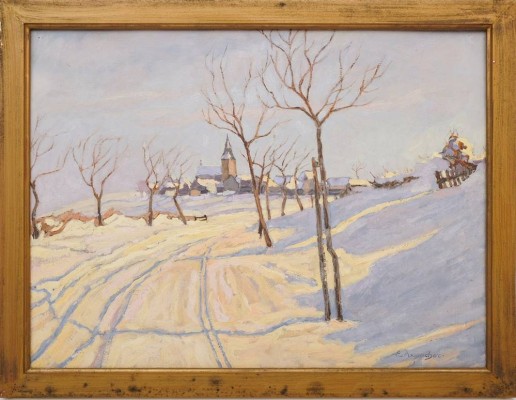 AXMACHER, Emil (1877-1937), Winterlandschaft mit Blick auf ein Dorf, Öl auf Malkarton, unten rechts signiert 