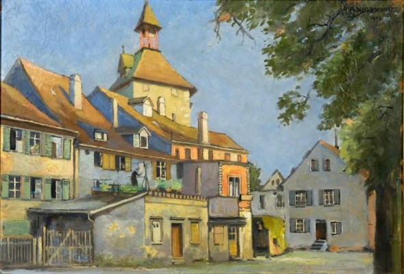 HILDEBRANDT Fritz (1878-1970), Ansicht hinter dem Konstanzer Schnetztor, Ölgemälde auf Platte, signiert oben rechts: Fritz Hildebrandt 1940, Platte:31x45cm, R: 38x51cm