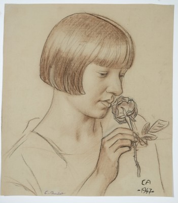 Amiet, Cuno Peter (1868-1961) Damenportrait mit Rose, 1947, Konturen-Kohle-Farbkreide-Zeichnung auf Papier.