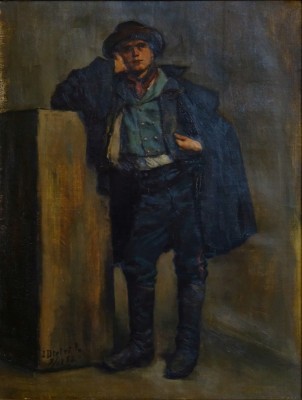 Dietrich, Johannes Karl (1863-unbekannt) Ganzfigurenportrait eines Mannes, in hohen Stiefeln und in etwas derangierter Uniform, melancholisch den Kopf auf der rechten Hand abgestützt, Ölgemälde auf Leinwand, unten links signiert und datiert 