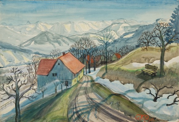 Einhart, Karl (1884-1976) Höfe mit Blick auf die Alpen, idyllische Stimmung, Aquarell, unten rechts signiert und datiert 19'46