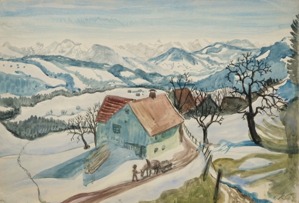 Einhart, Karl (1884-1976) Blick auf einen Bauernhof, im Vordergrund Pferd bei der Arbeit, im Hintergrund die Alpen, Aquarell, unten rechts signiert, 33 x 48 cm