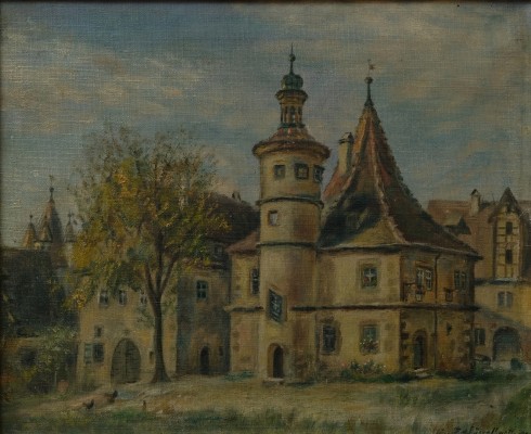 Hässelbarth, Kurt (1889-1960) „Hegereiterhaus“ in Rothenburg ob der Tauber, idyllischer Blick auf das Bauwerk, davor mehrere Hühner, Ölgemälde auf Leinwand, unten rechts signiert, datiert 1929.