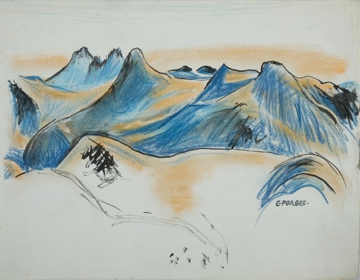 Porges, Clara (1879-1963) Engadin Blau und Orange, ohne Jahr, Tusche und Pastellkreide auf Papier.