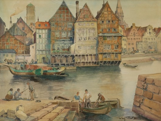 Reetz, Willy (1892-1963) Fassadenansicht in Lüneburg, Aquarell.