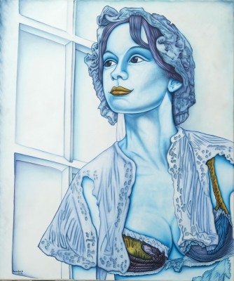 Rosenbach, Roland (regionaler Künstler, gestorben 2015) Frauenportrait am Fenster, Öl auf Leinwand, 1993.