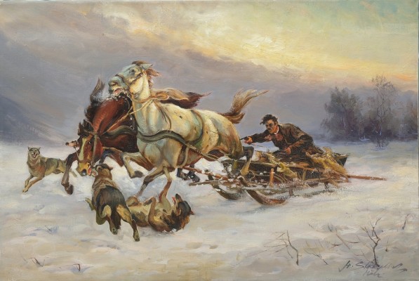 Stadelhofer, Helmut (1914-1979) Wolfsangriff, Öl auf Leinwand. Pferdeschlitten im Schnee.