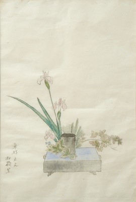 Ikebana-Arrangement, Japan, Aquarellstift auf Reis-Büttenpapier.