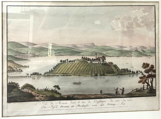 Hauer, Johann Thomas (1748-1820) nach Zeichnung von Felix Speth, Insel Mainau von Süden, kolorierte Umrissradierung, um 1785.