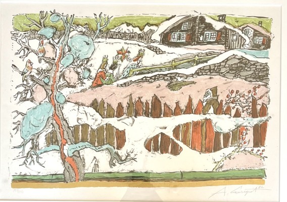 Carigiet, Alois (1902-1985) Bauernhaus, Farblithographie, 1982. Verschneite Landschaft, im Hintergrund zwei Bauernhäuser, die Heiligen Drei Könige ziehen daher, ebenso der Nikolaus.