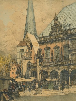 Kasimir, Luigi (1881-1962) Bremer Markt am Rathaus, 1936, Farbradierung.