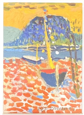 Brunner, Fritz (1908-1996) Segelboot am Bodensee, Mischtechnik auf Papier, 1982. Im Stile des Pointilismus gemalt, expressionistische Farbgebung, museal gerahmt, im Hintergrund könnte man die Hegauberge erahnen.