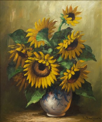 Dreyer, R. (20. Jahrhundert) Sonnenblumen, 1950er Jahre, Öl auf Leinwand.