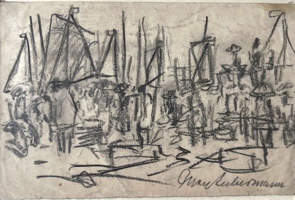 Liebermann, Max (1847-1935) Segelboote im Hafen, Kohlestiftzeichnung.