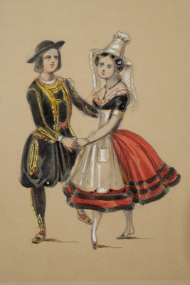 Franceschini, Vincenzo (1812-1884), Trachten, drei Aquarelle über Bleistift auf Papier. Zwei Darstellungen von tanzenden Paaren in blau-gelber sowie schwarz-roter Trachten und eine Darstellung einer Frau in grün-roter Tracht.