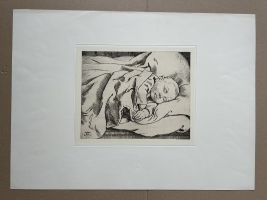 Thoma, Hans (1839-1924) Schlafendes Baby, 1901, Radierung.