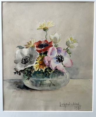 Logeais, Aimé Francois (20. Jahrhundert) Blumenstrauß mit Mohn und Tulpen, 1931, Aquarell.