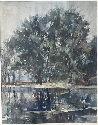 Scherz, Bruno Ernst (1889-1955) Bäume am Teich, Aquarell, 1947.