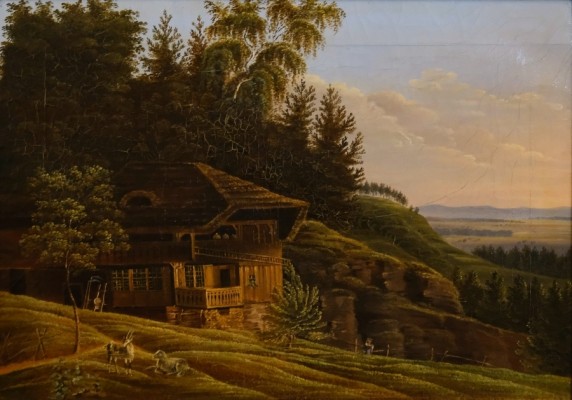 Anonym (18. Jahrhundert) Berner Bauernhaus mit Blick ins Tal, Öl auf Leinwand.