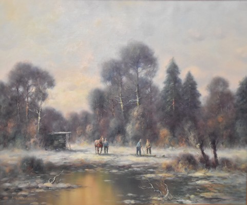 Feldkamp, Heinrich E. (geboren 1932) Waldarbeiter in winterlicher Landschaft, Öl auf Leinwand.