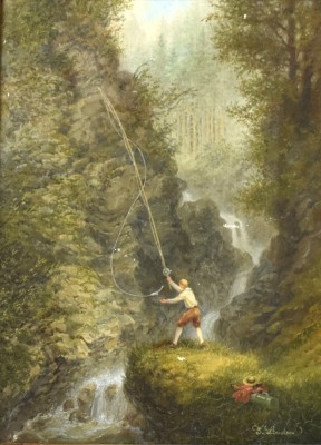 Malecki, Felix (1908-1986) Angler am Wasserfall, Öl auf Leinwand.