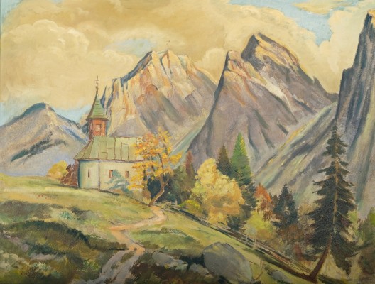 Matzdorf, Albert (1912-1992) Wanderung zu einer Kapelle in den Bergen, Ölgemälde/Pastell auf Leinwand, 1944.