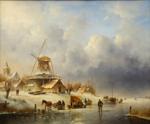 Spohler, Jacob Jan Coenraad (1837- verm. 1922) Windmühle auf schneebedecktem Deich, Öl auf Leinwand, um 1880.