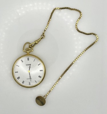 Taschenuhr ROAMER, Gehäuse Gelbgold 333 (mindestens, getestet) an Kette.