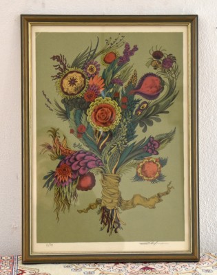 Hoffmann, E. (20. Jahrhundert) Blumenstrauß, in Pop-Art-Farben gedruckt, besondere Farben der Blumen, Hintergrund Lindgrün, Farblithographie, 1973.