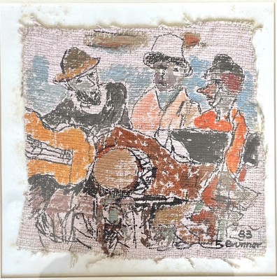 Brunner, Fritz (1908-1996) Drei Musikanten mit Gitarre, Trommel und Akkordeon, fröhlich musizierend, Mischtechnik auf Jute, 1983.