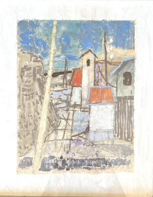 Brunner, Fritz (1908-1996) Stadt, Öl auf Leinwand, 1974. Im Vordergrund Häuser, umgeben von Stromleitungen, blauer Himmel.