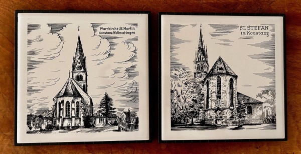 Zwei Keramik-Kacheln Konstanz: Pfarrkirche St. Martin, Konstanz Wollmatingen / St. Stefan, Konstanz.