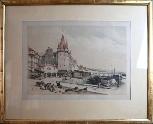 Frankfurt am Main ''Frankfort'', getönte Lithografie. Blick in das Hafenbecken der Stadt, am Mainkai Blick auf die alte Mainbrücke, einige Personen im Bildmittelpunkt, Schiffe werden entladen, geschäftiges Treiben.